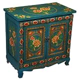EXP Handmade Furniture - Antique-Style 23" Teal Tibetan Storage Cabinet / End Table W Peony Design