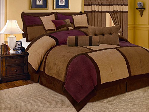 7 Piece Micro Suede Patchwork Bugundy, White, Tan, Brown Luxury Comforter Set, Queen, King, Cal King (Queen, Burgundy / Brown)