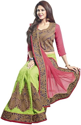 Infigo Women's Chiffon Embroide Saree Free Size Green And Pink