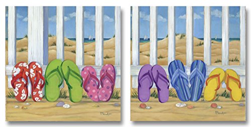 Cute, Colorful Flip Flops; Summer Day Beach Scene; Coastal Decor; Two 12x12 Poster Prints