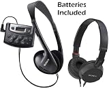 Sony Walkman Digital Tuning Portable Palm Size AM/FM Stereo Radio (Black) with Weather Band, 20 Station Preset Memory, DX Switch for Exceptional Reception, Convenient Belt Clip, Over the Head Stereo Headphones & Lightweight Studio Monitor Series Swivel Headphones - Batteries Included - Designed for Jogging, Walking, Exercising & Bike Riding