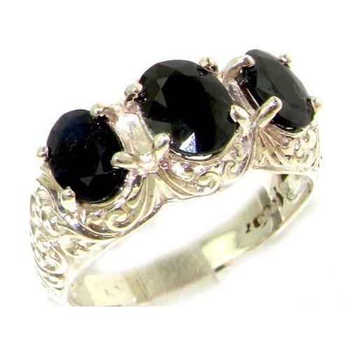 Luxury Solid Sterling Silver Natural Deep Blue Sapphire Art Nouveau Carved Large Trilogy Ring - Finger Sizes 5 to 12 Available