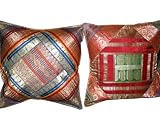 Cushion Cover-2 Ethnic Red Blue Brocade Vintage Silk Sari Toss Pillow Sham