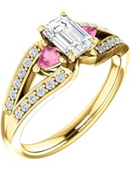 10K Yellow Gold Emerald Cut Diamond and Pink Sapphire Ring -- LIFETIME WARRANTY