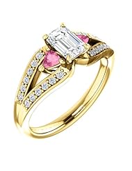18K Yellow Gold Emerald Cut Diamond and Pink Sapphire Ring -- LIFETIME WARRANTY