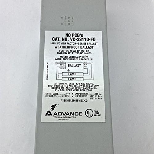 Advance Weatherproof T12 HO Sign Ballast VC-2S110-FO (2) 105 Watt 96 Inch T12, or (2) 85 Watt 72 Inch T12/RS/HO Lamps, 277 Volt High Output Ballast - VC2S110FO