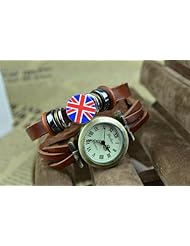 NSSTAR Retro Vintage Unisex Couple Lover British Union Jack UK Flag Beads Quartz Fashion Weave Wrap Around Leather Strap Bracelet Wristband Wrist Watch (Black)