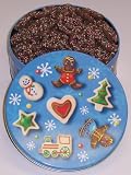 Scott's Cakes Mini Chocolate Covered Pretzels with Christmas Color Non-Pareils in a Christmas Cookie Tin