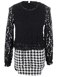 Lace Long Sleeves Houndstooth Print  Dress