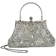 Exquisite Seed Bead Sequined Leaf Evening Handbag, Clasp Purse Clutch w/Hidden Handle