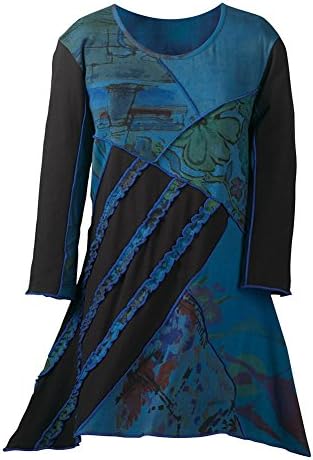 Women's Blues And Black Twilight Asymmetrical Dip Hem Tunic Top - Large