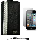 Black with Silver Stripe Deluxe Wallet Leather Protector with Stand Alone Design / Vertical and Landscape Mode Feature on Cover Case for New Apple iPod Touch 4 ( 4th Generation 8GB 16GB 32GB ) + Includes Anti Glare Screen Protector Guard