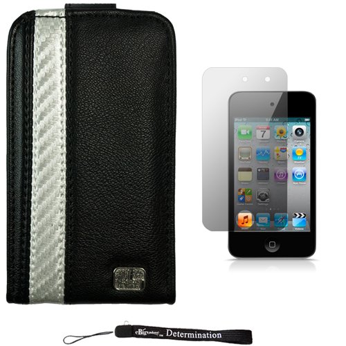 Black with Silver Stripe Deluxe Wallet Leather Protector with Stand Alone Design / Vertical and Landscape Mode Feature on Cover Case for New Apple iPod Touch 4 ( 4th Generation 8GB 16GB 32GB ) + Includes Anti Glare Screen Protector Guard