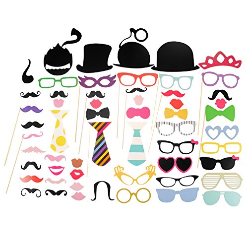 Ohuhu Photo Booth Props 58 piece DIY Kit for Wedding Party Reunions Birthdays Photobooth Dress-up Accessories & Party Favors, Costumes with Mustache on a stick, Hats, Glasses, Mouth, Bowler, Bowties