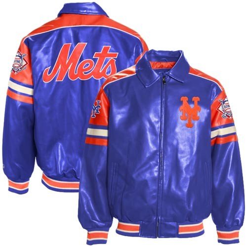 New York Mets Royal Blue Pleather Varsity Full Zip Jacket (Large)