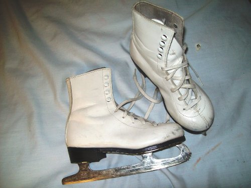 white Ice Figure skates (with blade guards) - size 1.0 (youth/child) - good structual condition - leather uppers