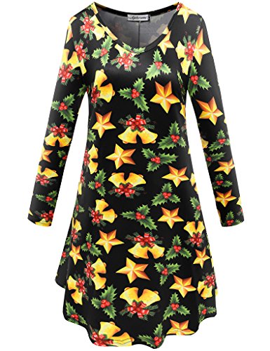 Aphratti Women's Long Sleeve Santa Christmas Xmas Gifts Print Flare Swing Dress