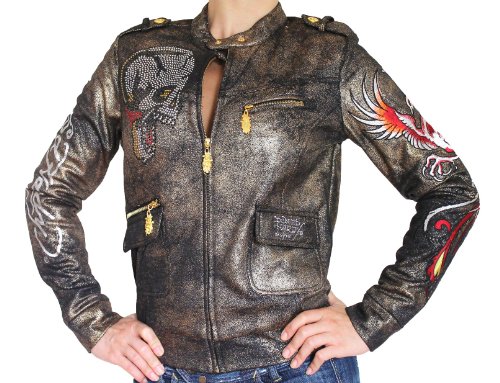 New Ed Hardy By Christian Audigier Women's Gold Metalic Love Kills Slowly Tiger Rhinestone Embroidery Moto Biker Jacket - EHJW-6016 product image