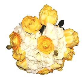 Flower Market Permanent Botanical Bouquet with Yellow Tulips, White Ranunculus and Hydrangea Leaves