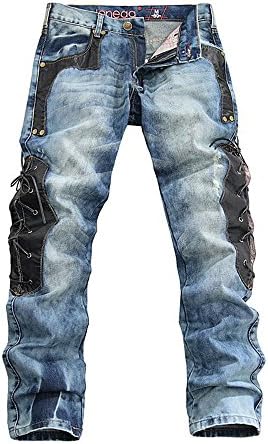 Western Style Men's Unique Leather Strings Stitching Pants Slim Fit Long Jeans (XXL, Blue)