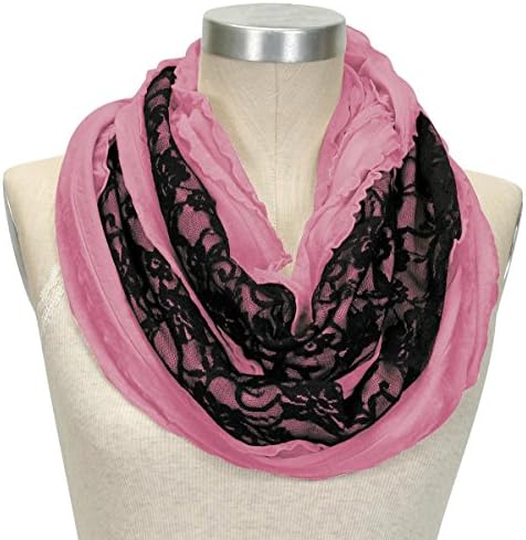Ruffle Lace Loop Infinity Scarf (Rose with Black Lace)