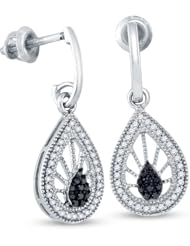 10K White Gold Round Brilliant Cut Black and White Diamond - Pear Shape Halo Channel Set Dangle Earrings with Secure Screw Back Closure - (1/4 cttw.)