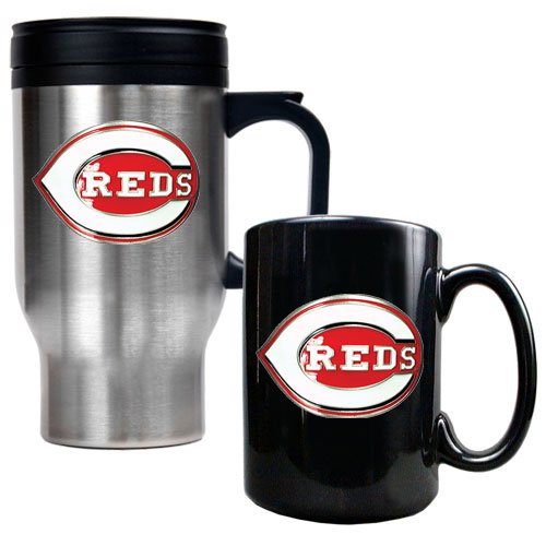 Cincinnati Reds MLB Stainless Steel Travel Mug & Black Ceramic Mug Set - Primary Logo