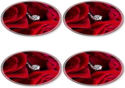 Romantic Red Roses Diamond Ring Round Coaster (4 Piece) Set Fabric Rubber 5 Inch Size MSD Coaster Cup Mug Can Water Bottle Drink Coasters Stain Resistance Collector Kit Kitchen Table Top Desk