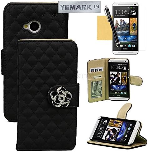 M7 Case, HTC One M7 Case, YEMARK(TM) Premium PU Leather [Luxury Diamond Camellia Flower Closure Design] Wallet Flip Protective Skin Case Cover with Stand Fit For HTC One M7[Built-in Credit Card/ID Card Holders],[+Stylus+Screen Protector+Cleaning Cloth]-(Black), HTC One M7 Case