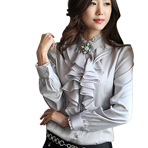 Little Hand Women's Satin Tops Flouncing Blouse Button Ruffle Shirt