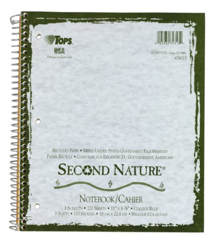 Best Price TOPS Second Nature Notebook, 9 x 11 Inch, 3-Subject, College Ruled, Recycled, 120 Sheets, Assorted Colors (74313)