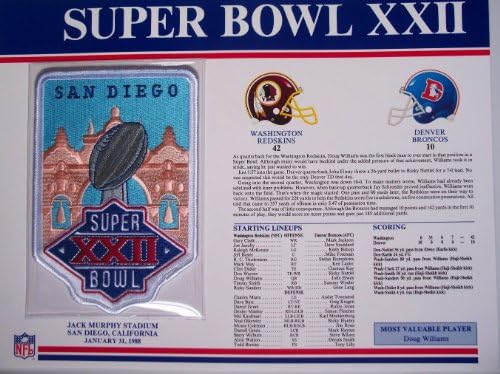 1987 Washington Redskins vs Denver Broncos NFL Super Bowl 22 (XXII) 1988 Doug Williams MVP Willabee Ward Patch and Stat Panel Card
