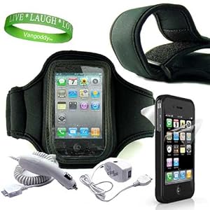 Apple iphone 4 Accessories Kit: Black Exercise Neoprene Armband + Custom Cut Full Body iPhone 4 Screen Protector ( Front and Back ) + iPhone 4 Car Charger + iPhone 4 wall / Travel Charger + VG Live * Laugh * Love Wrist Band!!!