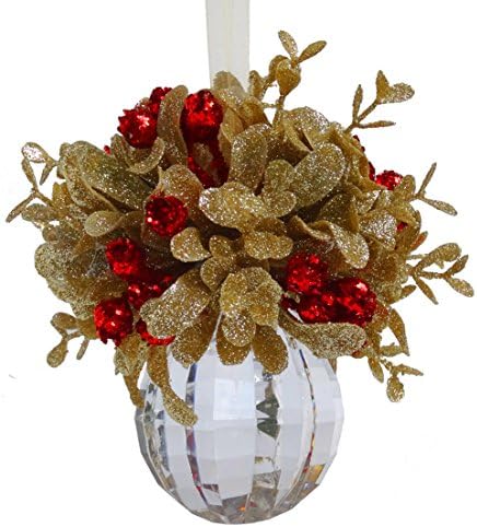 Kissing Krystal Mistletoe Ornament Glitter Gold Red Berries KK200 (Round)