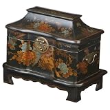 Handmade Black Leather Painted Gold Peony Pagoda Shaped 12" Storage/Gift Box