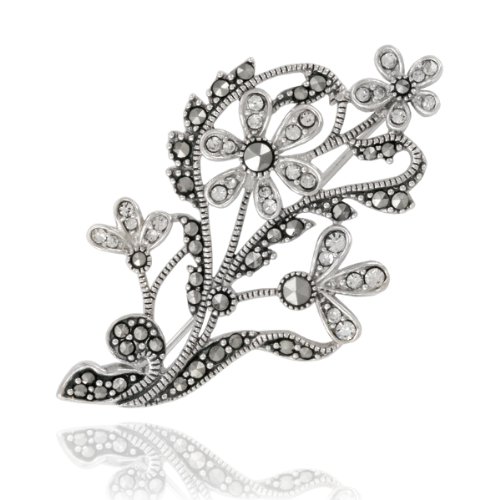 Sterling Silver Marcasite and Crystal Flower Pin