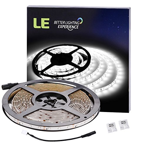 LE 16.4ft Waterproof Flexible LED Strip Lights, 300 Units SMD 3528 LEDs, 6000K Cool White, 91 Lumens/ft, 1.5 watts/ft, LED Tape, 12V LED Light Strips, For Gardens/ Homes/ Kitchen/ Cars/ Bar