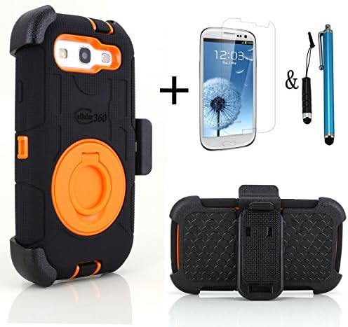 Cellular360 Ultra Shock&Drop-Proof Army-Grade Protective Case and Face-in and Out Holster for Samsung Galaxy S3 / Samsung Galaxy S 3 III (All Versions) - Extremely Protective Dual layer Case with 360 Degrees Swivel Ring Kickstand with Rugged Holster and 1 Anti-glare fingerprints free Screen Protector,1 Headphone Jack Mini Stylus and 1 Regular Sized Stylus (Black and Orange)