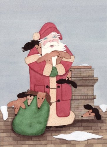 12 Christmas cards: Santa and a bagfull of dachshunds (doxies) / Lynch folk art