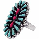 Sterling Silver Turquoise and Coral Oval Flower Ring