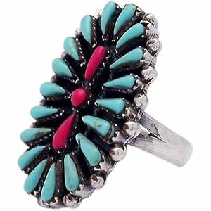 Sterling Silver Turquoise & Coral Oval Flower Ring