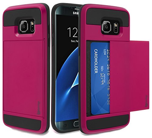 Samsung Galaxy S7 Edge Case, Bastex Hybrid Black Rubber Silicone Cover Hot Pink Hard Plastic Hidden Credit Card Cash Id Holder Slot Case for Samsung Galaxy S7 Edge G935