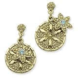 1928 Brass-tone Aqua Crystal Flower 2-pc Drop Post Earrings