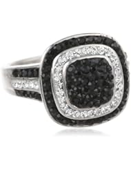 Sterling Silver Jet Crystal and Clear Crystal Cushion-Cut Ring