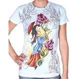 CHRISTIANAUDIGIEREdHardyWomensCottonT-ShirtTeeTopGeishaAquaTattooCrystalRockBlack