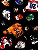Hockey Equipment Sticks Pucks Skates Jerseys Cotton Fabric Print by the yard