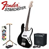 Fender Starcaster Jazz Bass Black Electric Bass Pack - Includes: Starcaster J Bass, Planet Waves Strap, Bass Cable, Planet Waves/GO-DPS 16-Pick Sampler (PW-SAMPLER), Ultra Bass Stand & 15 Watt Bass Amp