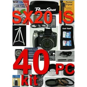 NEW Canon PowerShot SX20 IS SX20IS 40 PIECE PRO KIT with usb cable , video cable , software , battery , Owners manual , 3 Years Extended Warranty With Accidental Coverage Program ,3 Piece Lens Cleaning Kit , ,Card case Holds 3 cards , Table top Tripod , ultra compact with flexible wire leg , LCD protector ,Soft case ,High Speed card Reader ,16GB SD High Speed Memory Card ,Canon Strap ,Full Size Tripod ,Deluxe Camera Bag ,External Dedicated Flash With Bounce and Zoom ,Set Of 3 high resolution filters, Lens / Filter Tube Adapter, 4.5X High Resolution Super Telephoto lens, 0.18X High Resolution Fish Eye Lens, Macro lens Kit, Neoprene Wrist Strap, POP -UP Flash Diffuser, Canon Wireless Remote Control, Canon Genuine Lens Hood, Spider Flexible 7