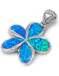 NEW Blue Australian FIRE Opal Plumeria .925 Sterling Silver Pendant Necklace