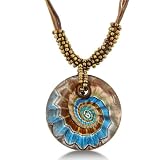 Blue and Gold Murano Glass Seashell Circle Pendant on 19 Inch Beaded Cord Necklace